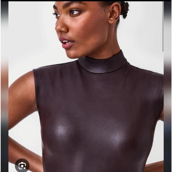 NEW Spanx | Faux Leather Bodysuit, size L Mock Neck Chocolate Brown - Picture 2 of 16